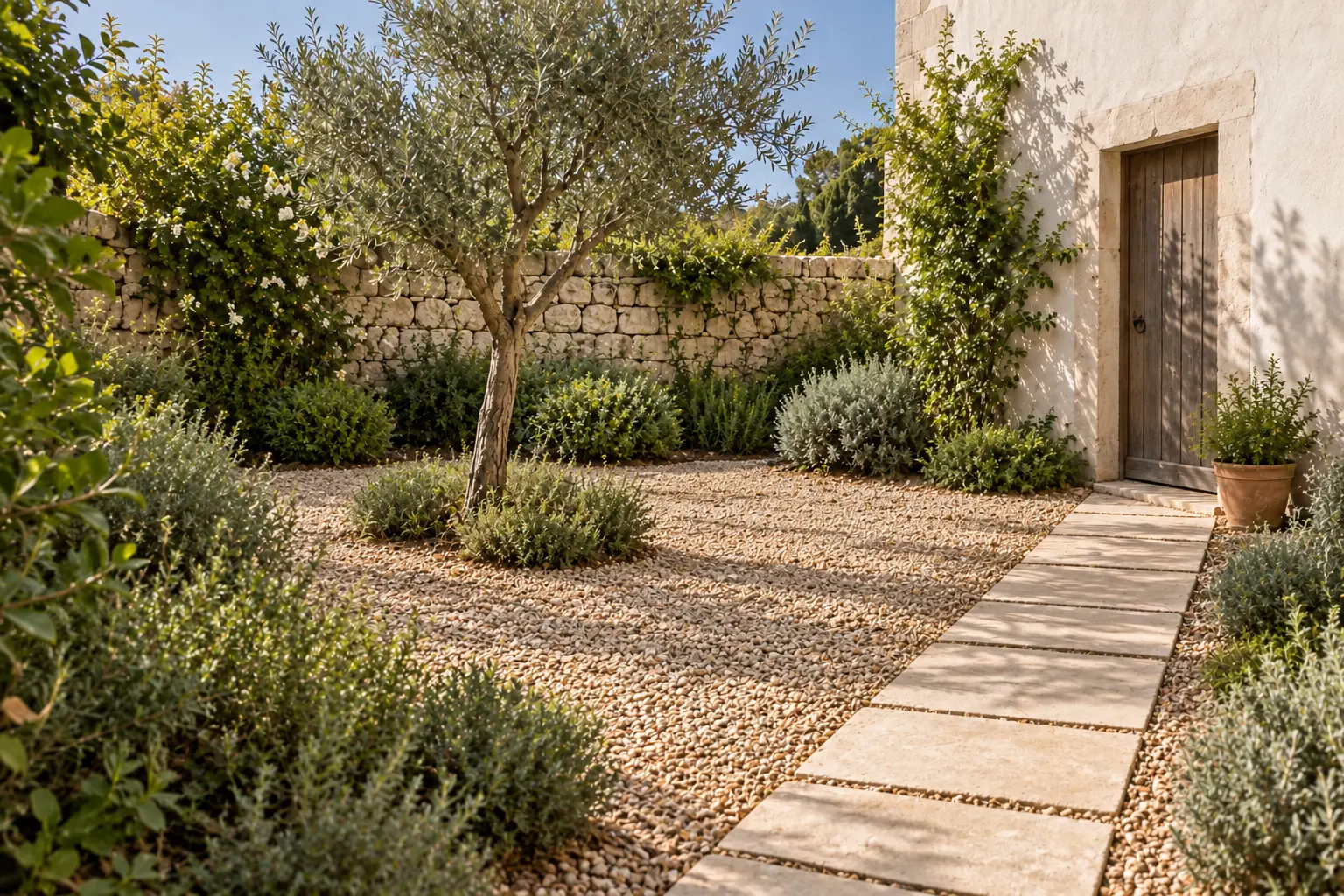 El mismo jardín con caminos despejados y vegetación ordenada