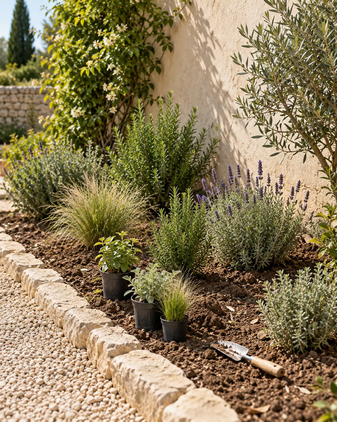 Plantas mediterráneas dispuestas en un parterre
