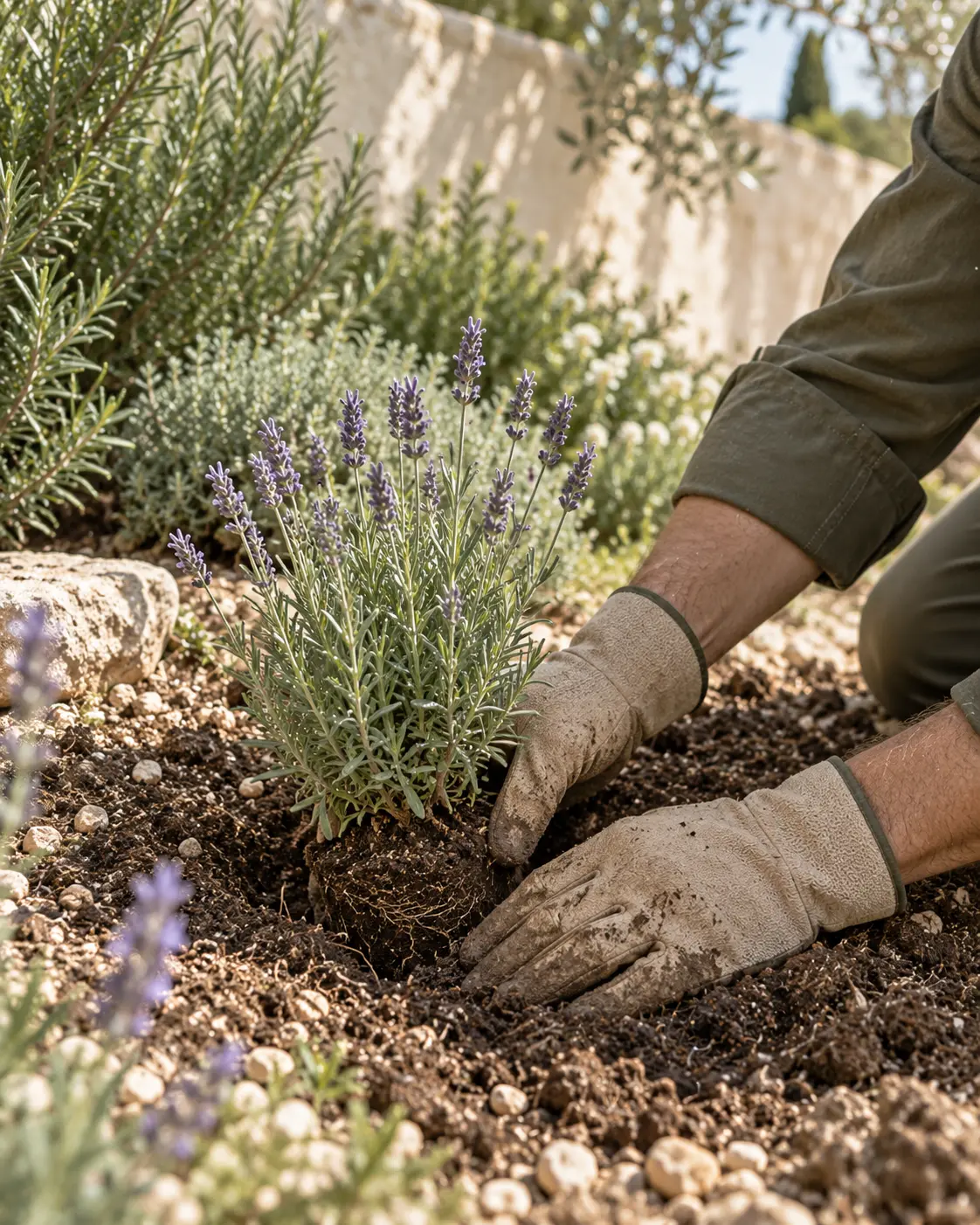 Manos plantando lavanda en un jardín