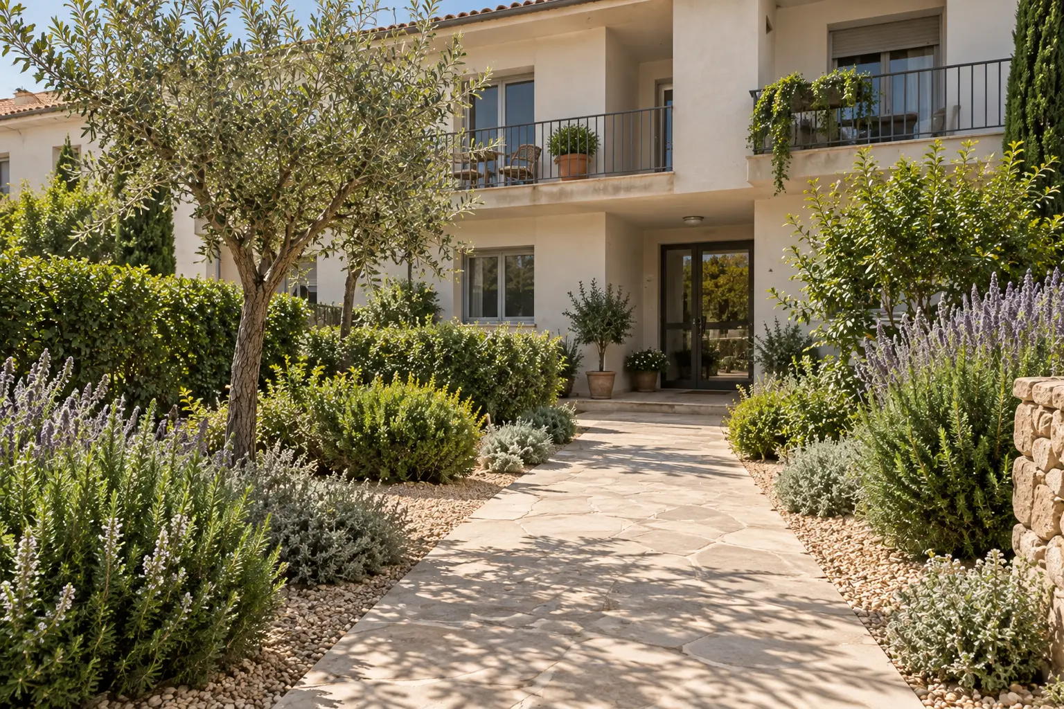 Entrada ajardinada de una comunidad residencial